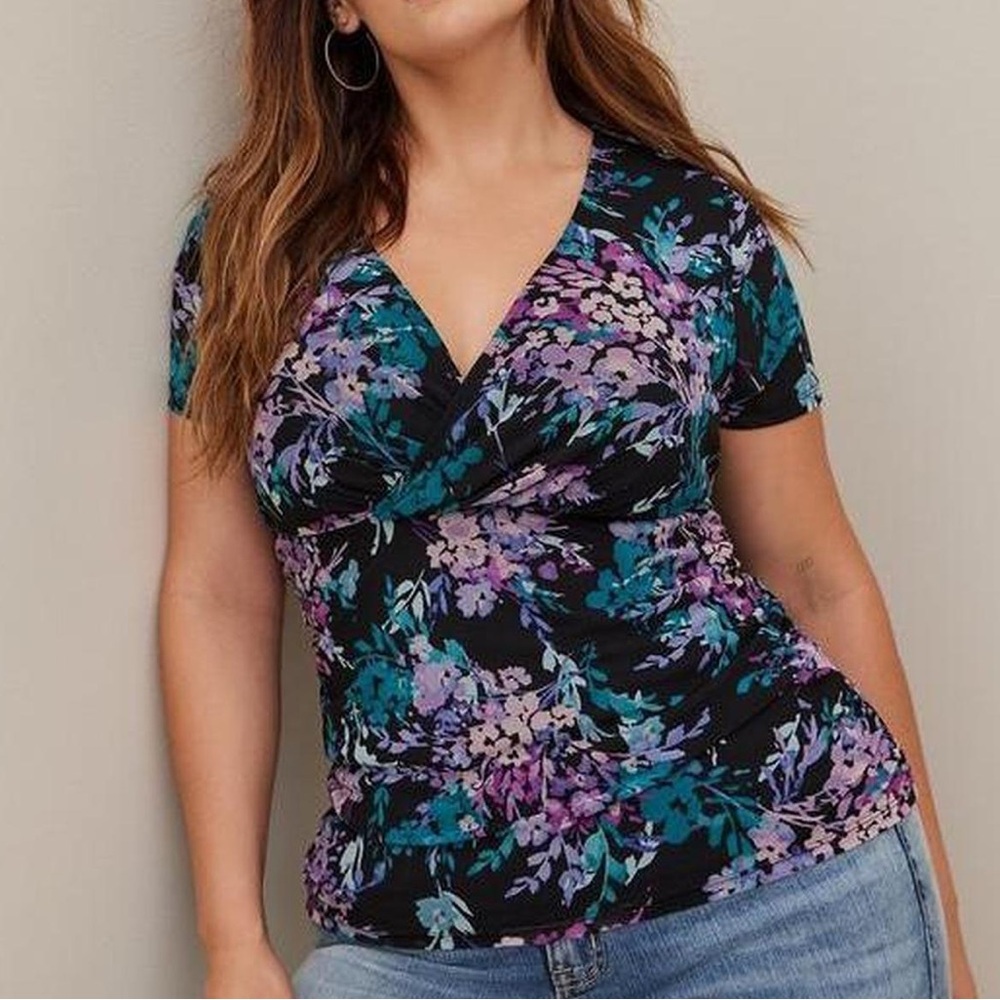Torrid Stretch Mesh Surplice Neckline Shirred Top black floral Size 2X